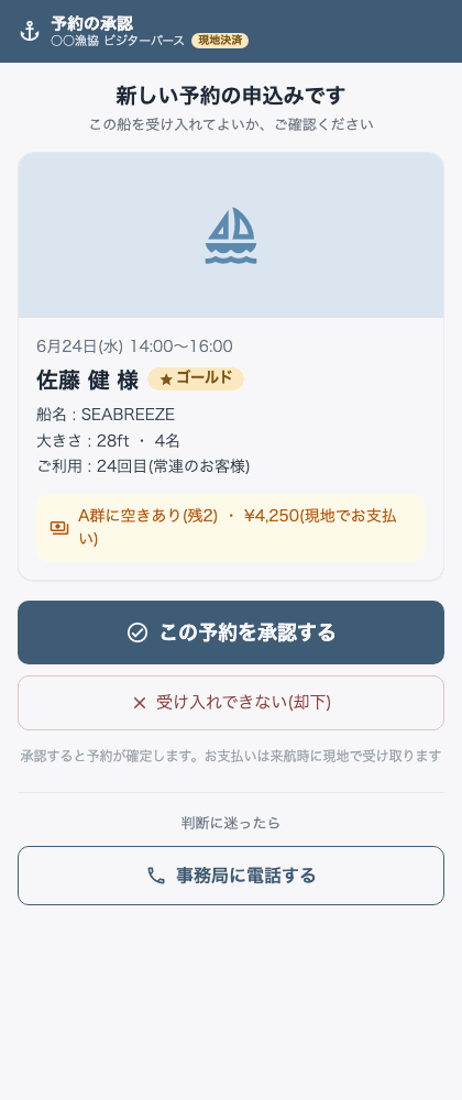 SMSから開いた予約承認画面。船名・大きさ・利用回数・料金が表示され、承認と却下の2ボタンがある
