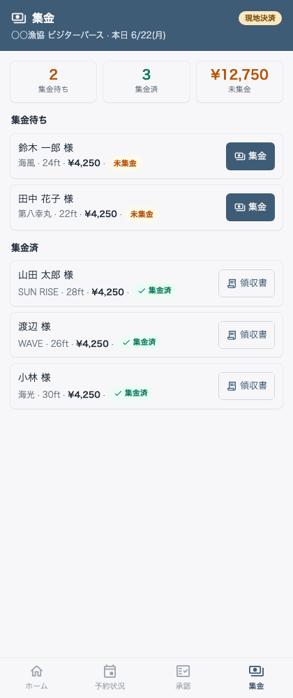 スマートフォンの現地集金画面